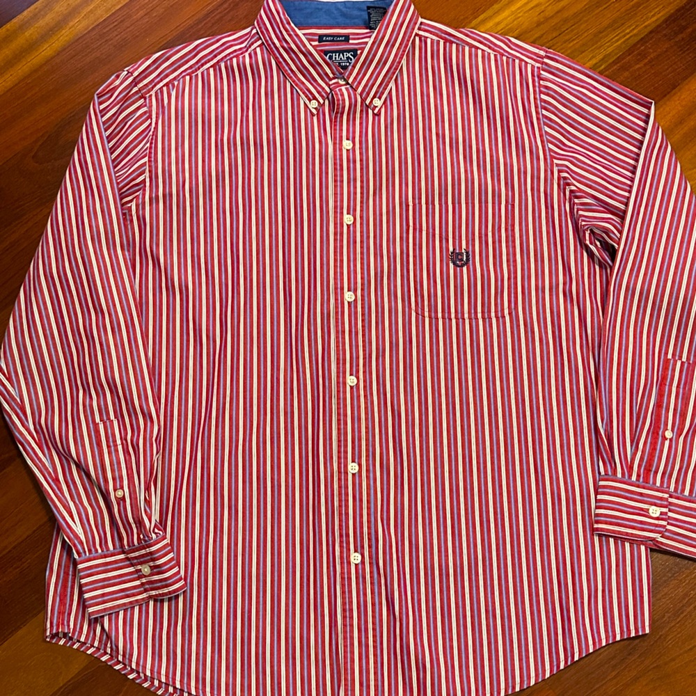 Chaps Striped Button Down Up Shirt XL Mens Red Blue White Collared